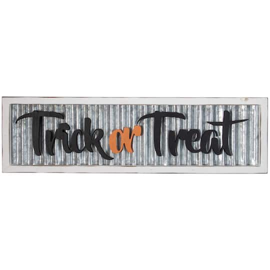 34316675 28 in. Distressed Trick or Treat Halloween Wood Wall Sign, Silver & White
